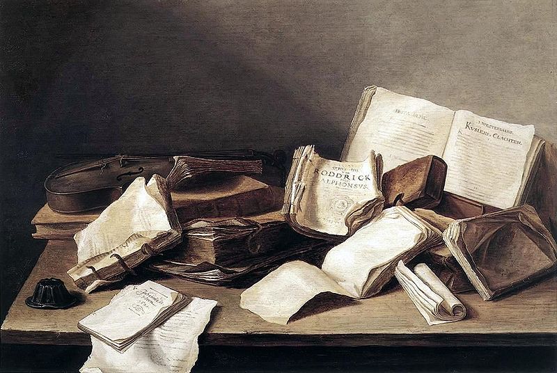 Still life with books and a violin